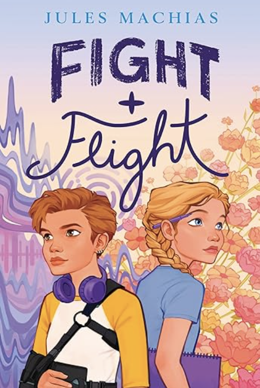 Book cover Fight + Flight showing two young people back to back. One has short hair and is wearing a shoulder brace, the other one has long blonde hair.
